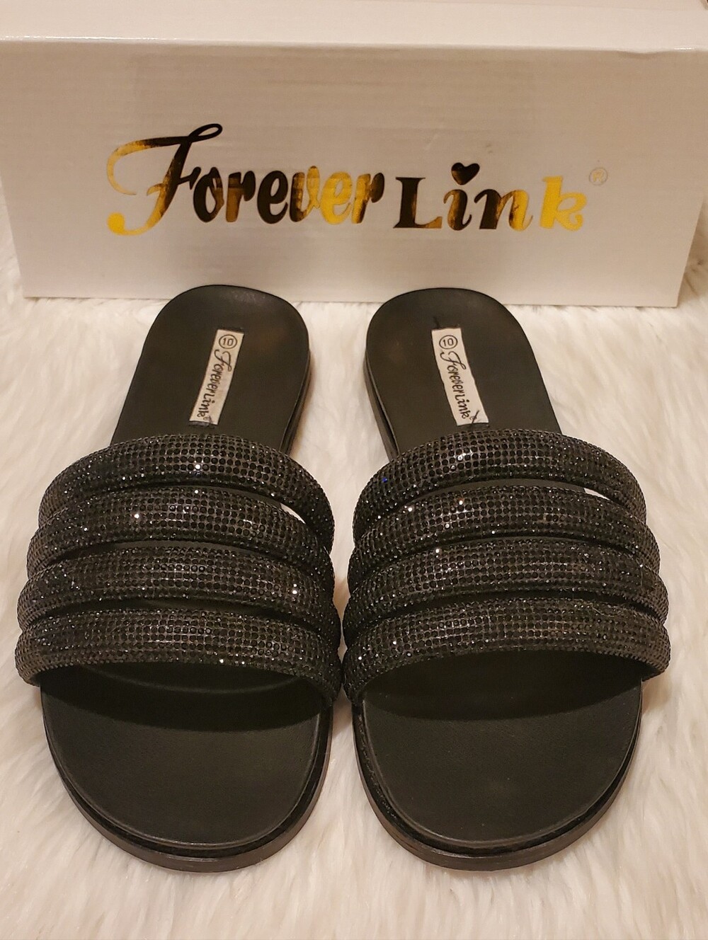 Forever Link Kilter-64 Black Rhinestone Slide Sandals Glam Sparkle Flats Size 10 - Picture 4 of 8